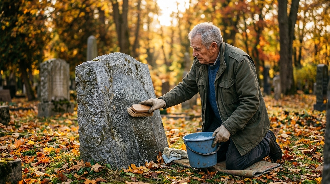 Homme nettoyant doucement une pierre tombale en granit