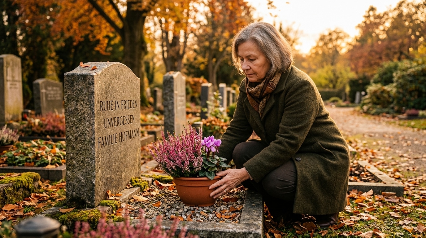Bruyère et cyclamen déposés sur une tombe en automne