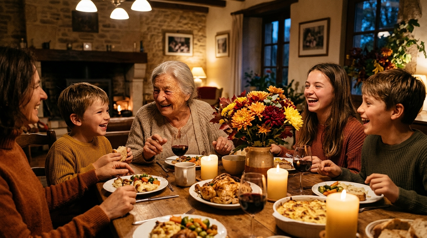 Repas de famille de la Toussaint autour d'une table chaleureuse