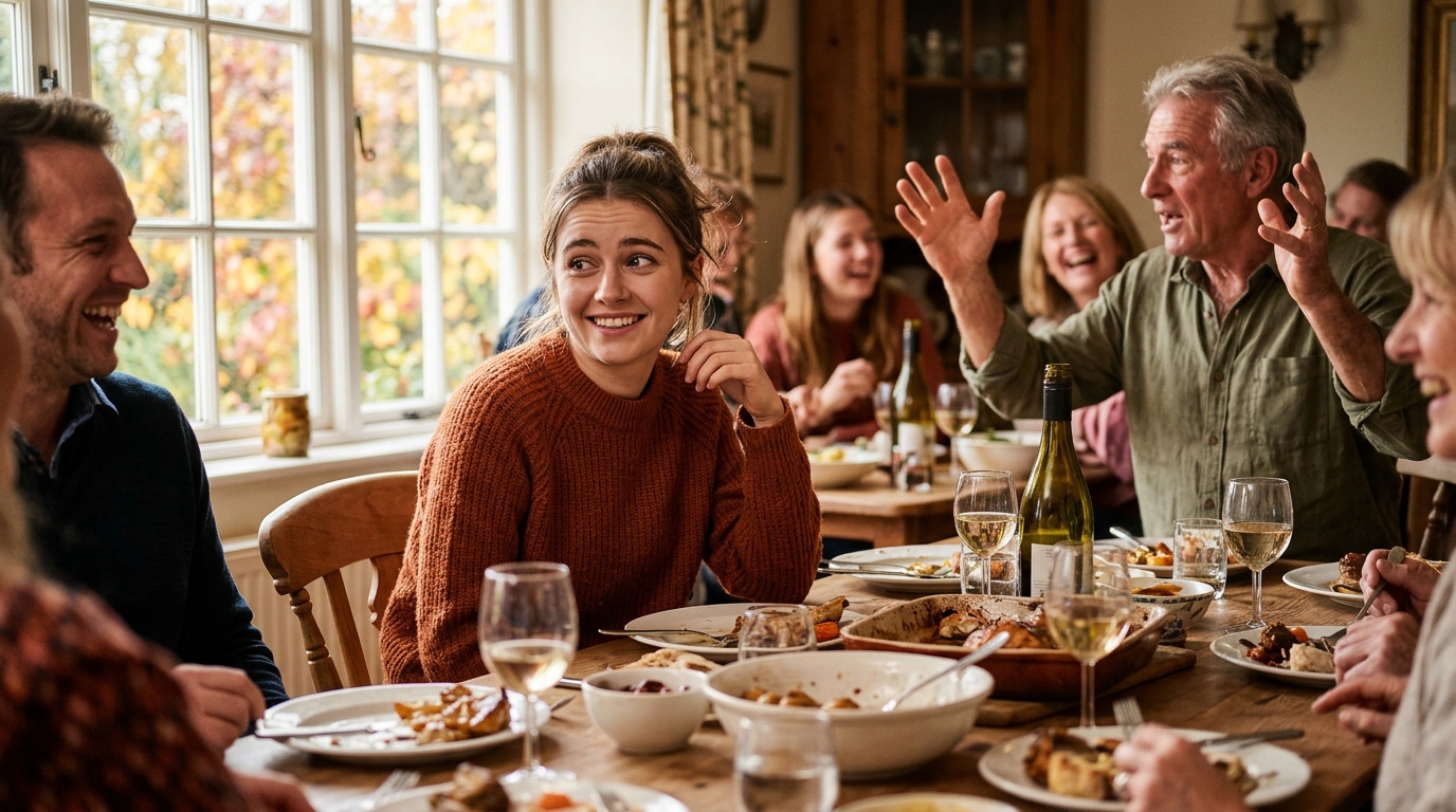 Femme amusée lors d'un déjeuner familial animé