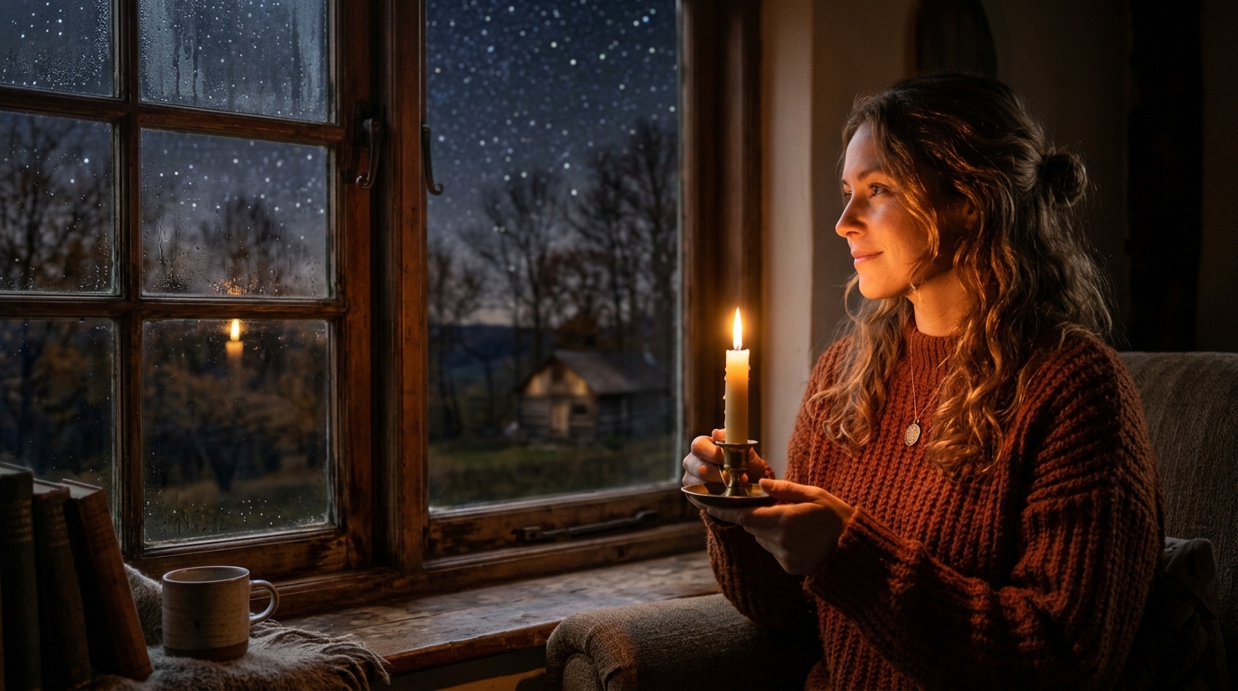 Femme à la bougie dans une ambiance mystique d'automne