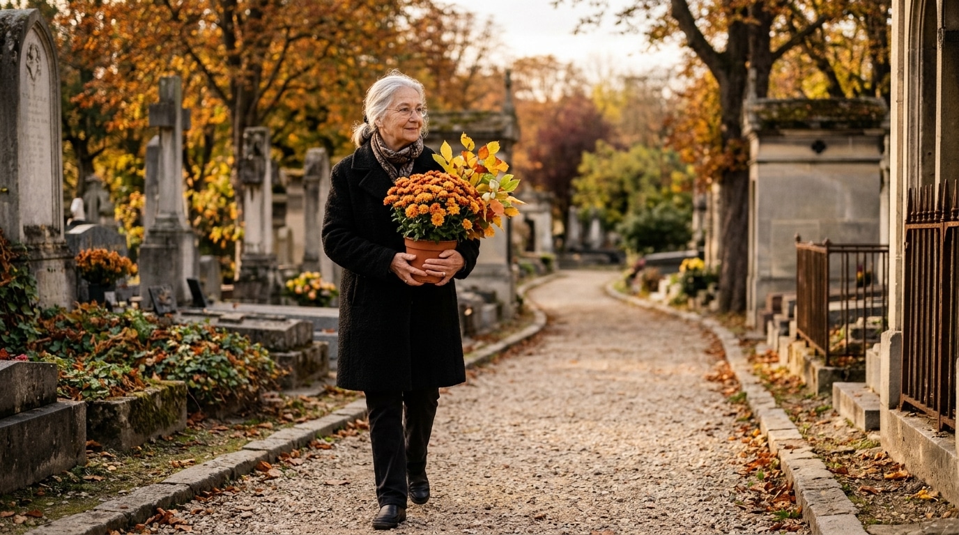Femme âgée portant des chrysanthèmes dans un cimetière