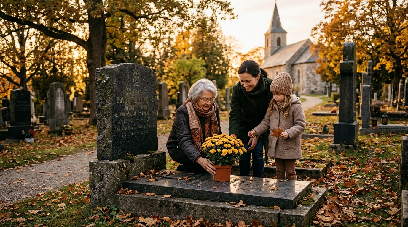 Famille fleurissant une tombe en granit à l'automne