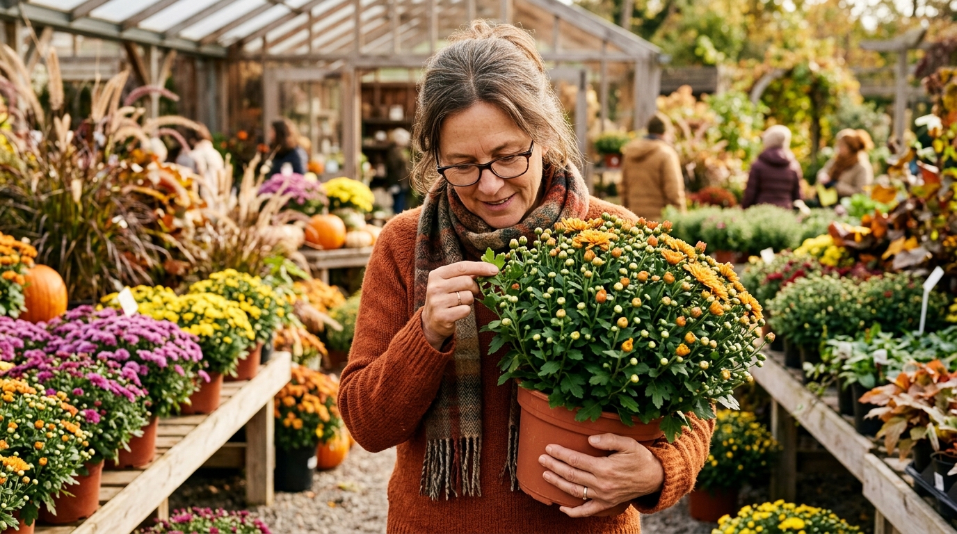 Femme choisissant un chrysanthème aux boutons fermés en jardinerie