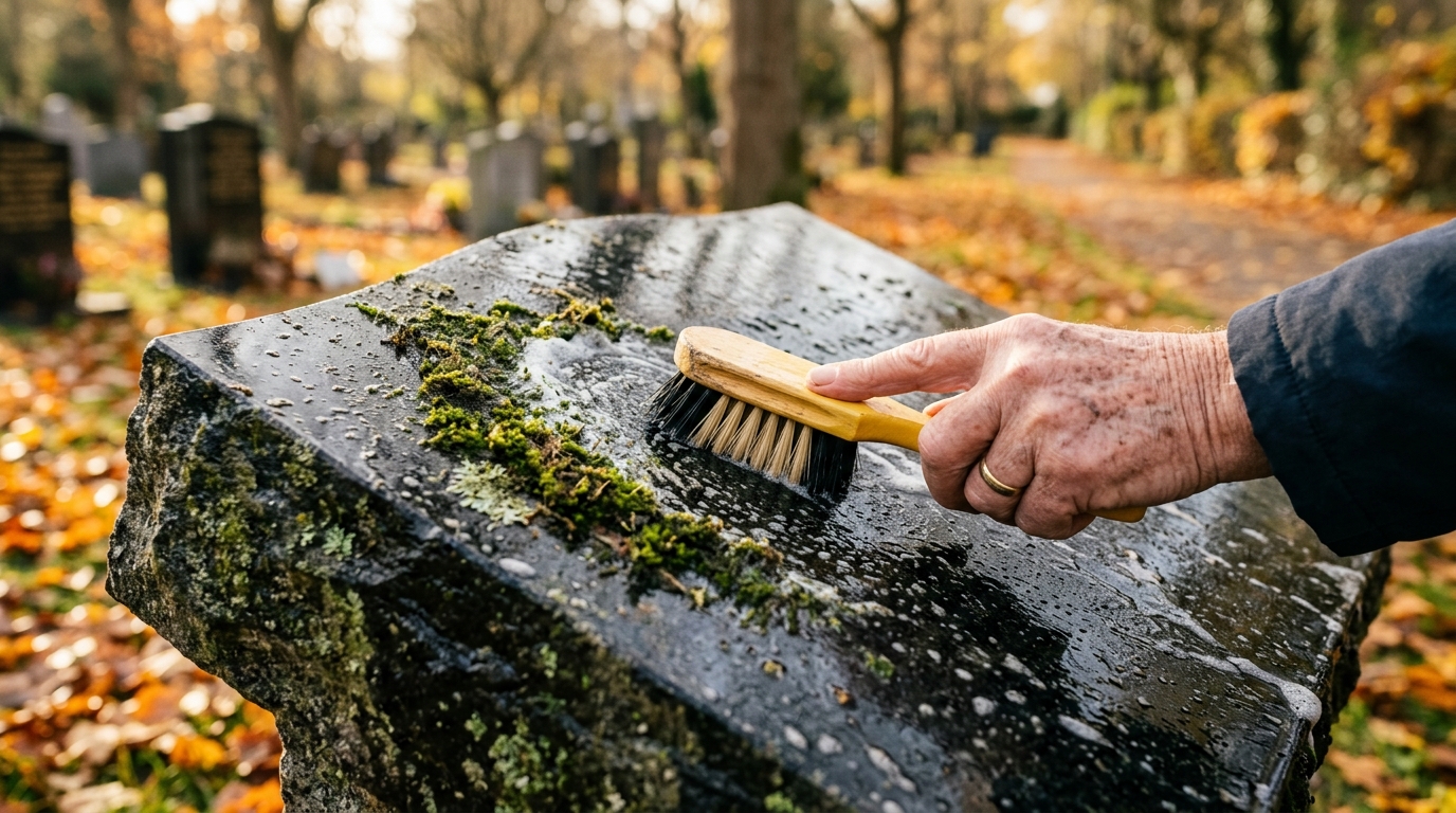 Brosse douce retirant la mousse sur une pierre tombale en granit