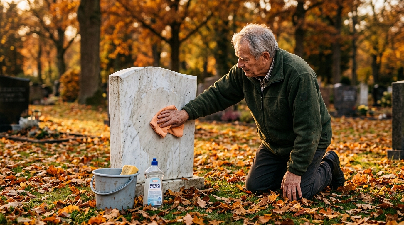 Homme essuyant une tombe en marbre blanc avec un chiffon