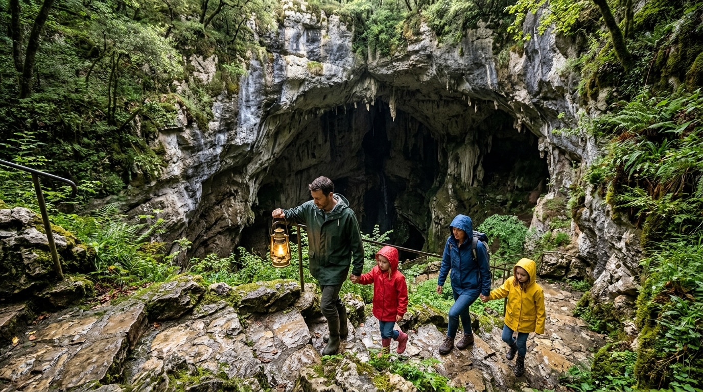 Famille entrant dans un gouffre naturel sous la pluie