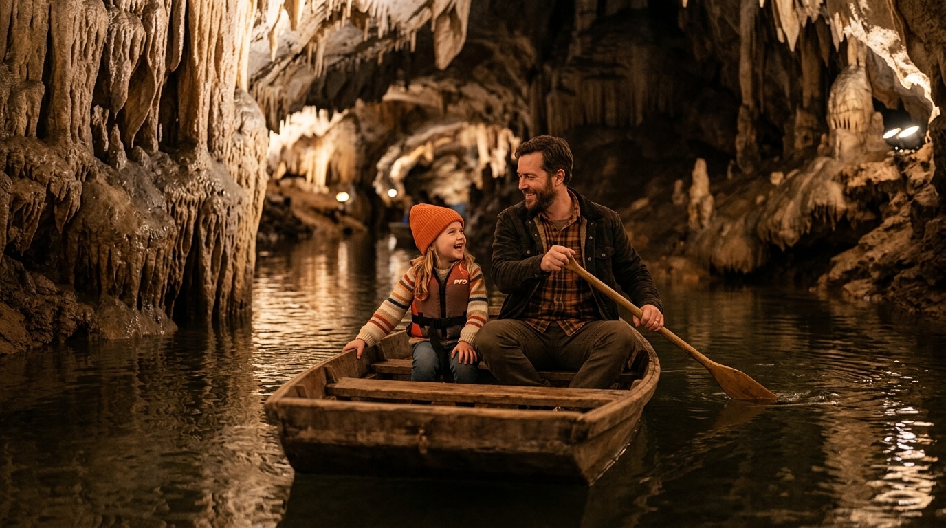Père et fille en barque sur une rivière souterraine