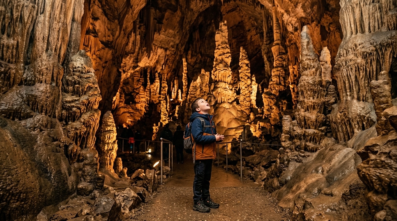 Enfant admirant de grandes stalagmites dans une grotte