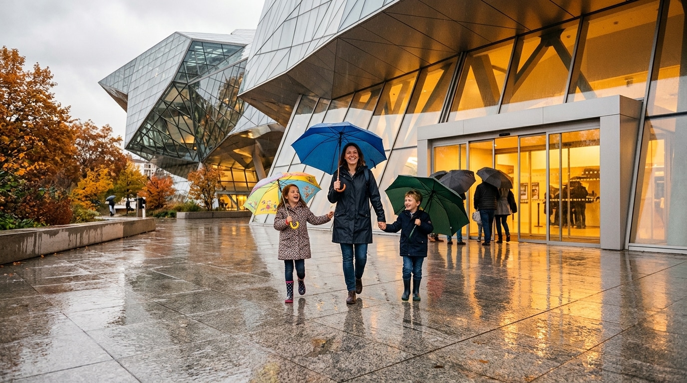 Famille avec parapluies devant le Musée des Confluences à Lyon