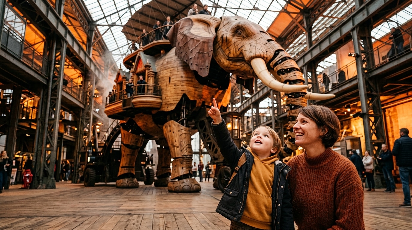 Enfant émerveillé devant un éléphant mécanique géant à Nantes