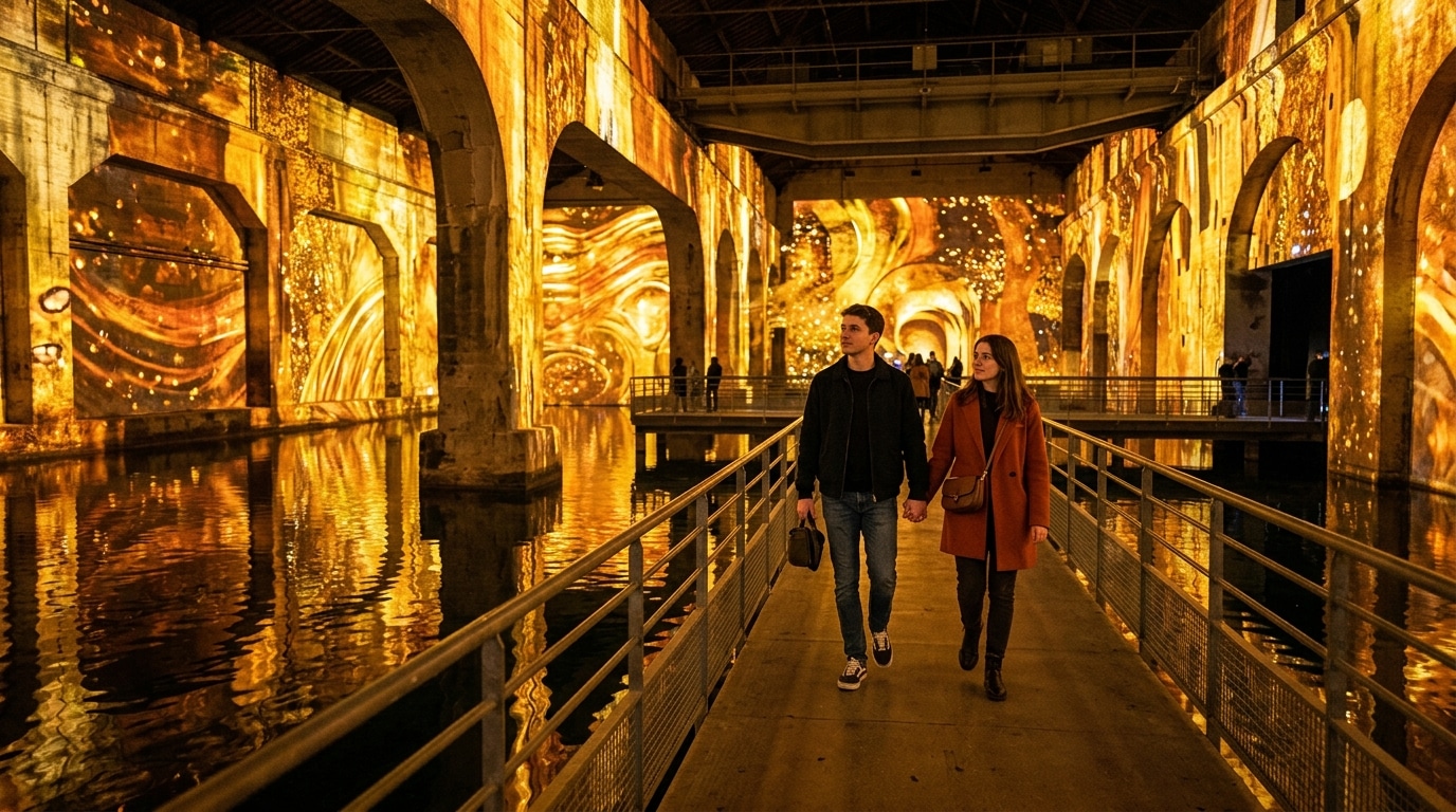 Couple dans les projections lumineuses des Bassins des Lumières à Bordeaux