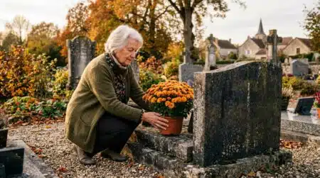 Femme déposant des chrysanthèmes sur une tombe à la Toussaint