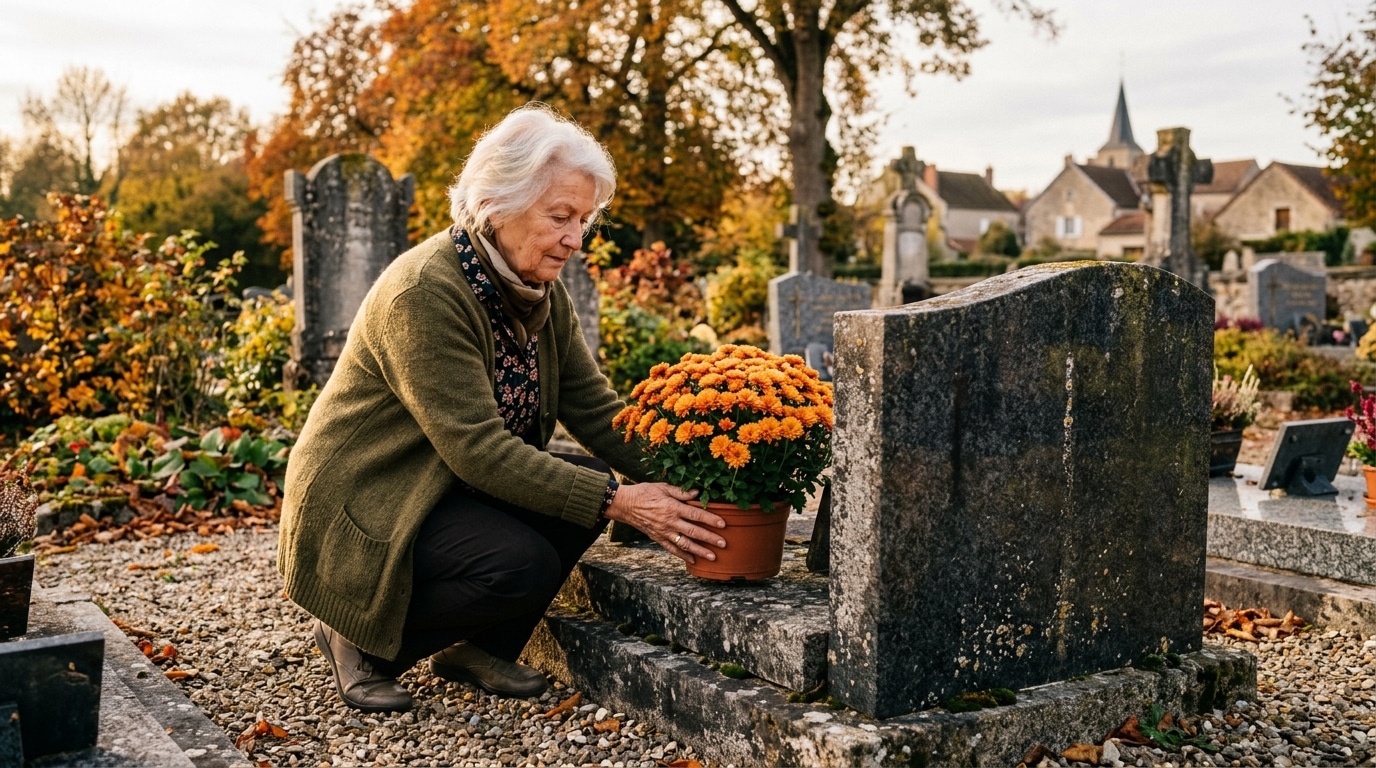 Femme déposant des chrysanthèmes sur une tombe à la Toussaint