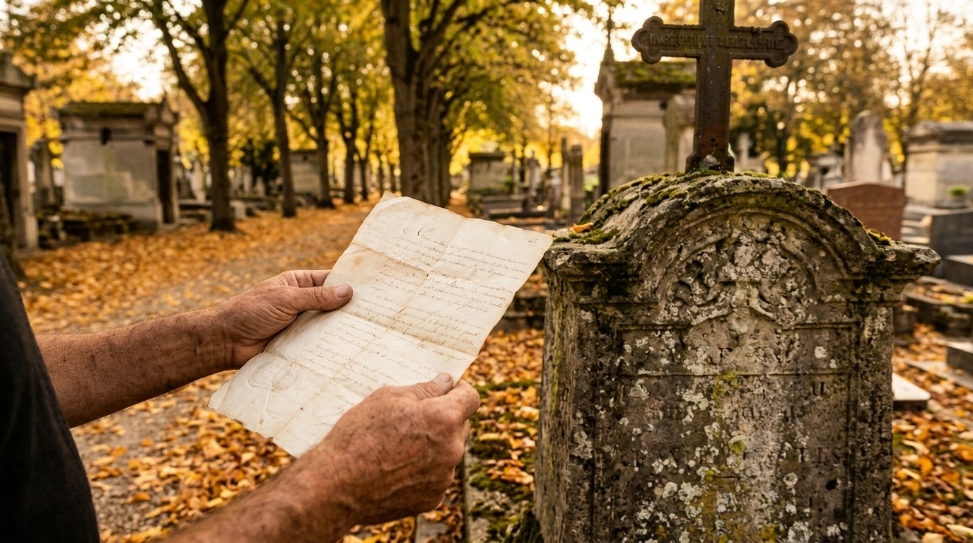 Acte de concession tenu devant une tombe au cimetière