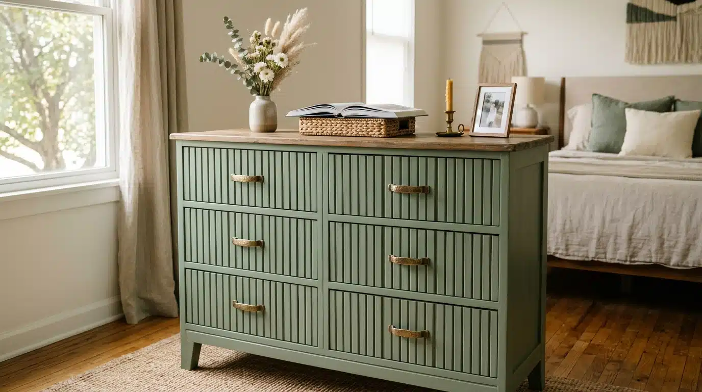Commode cannelée vert sauge avec poignées en laiton
