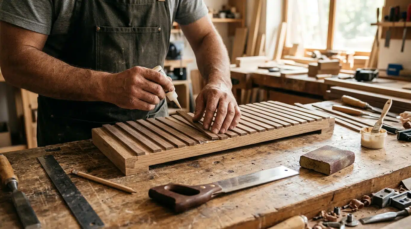 Mains collant des tasseaux fins sur une façade de tiroir