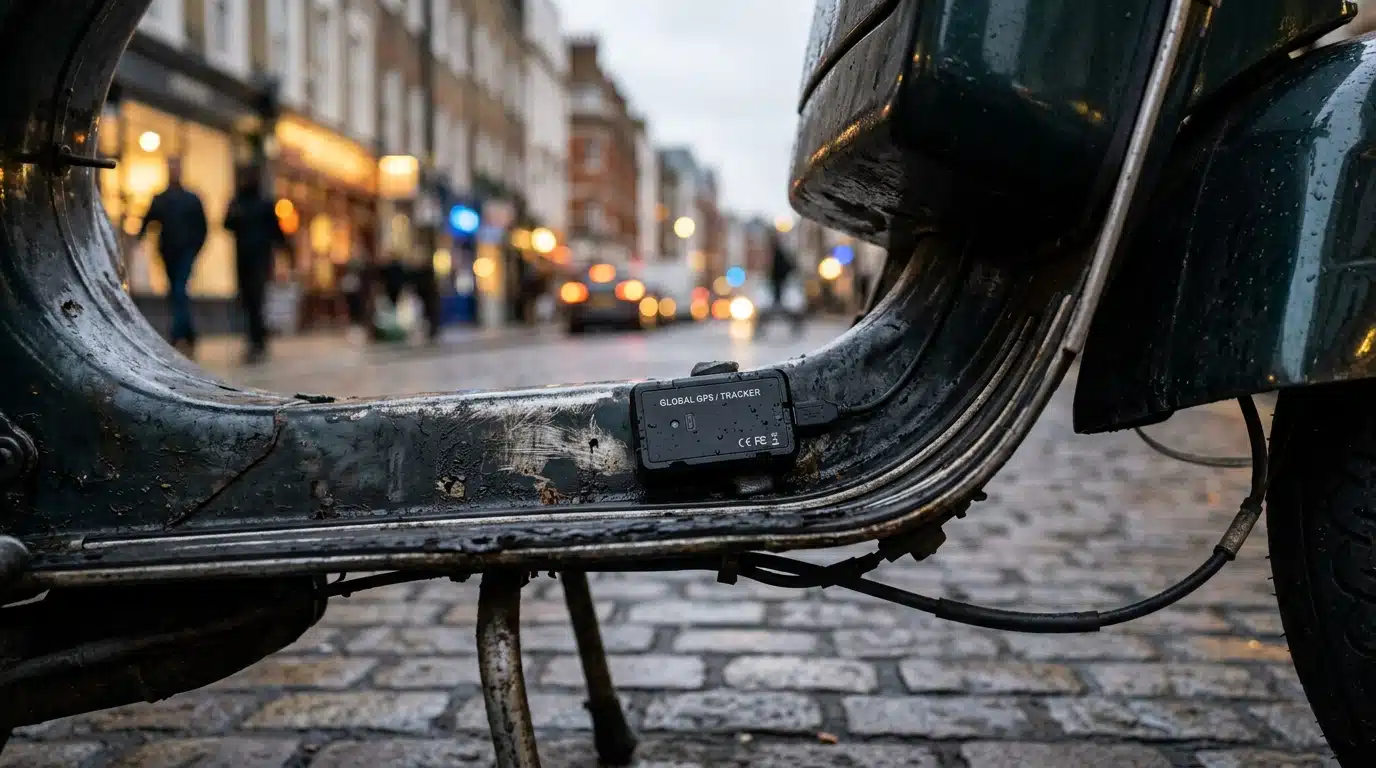 Petit boîtier de suivi GPS fixé sous le châssis d'un scooter
