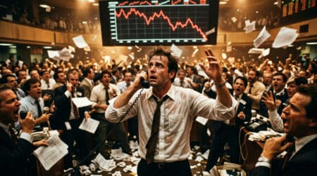 Trader paniqué devant un écran rouge pendant le krach de 1987