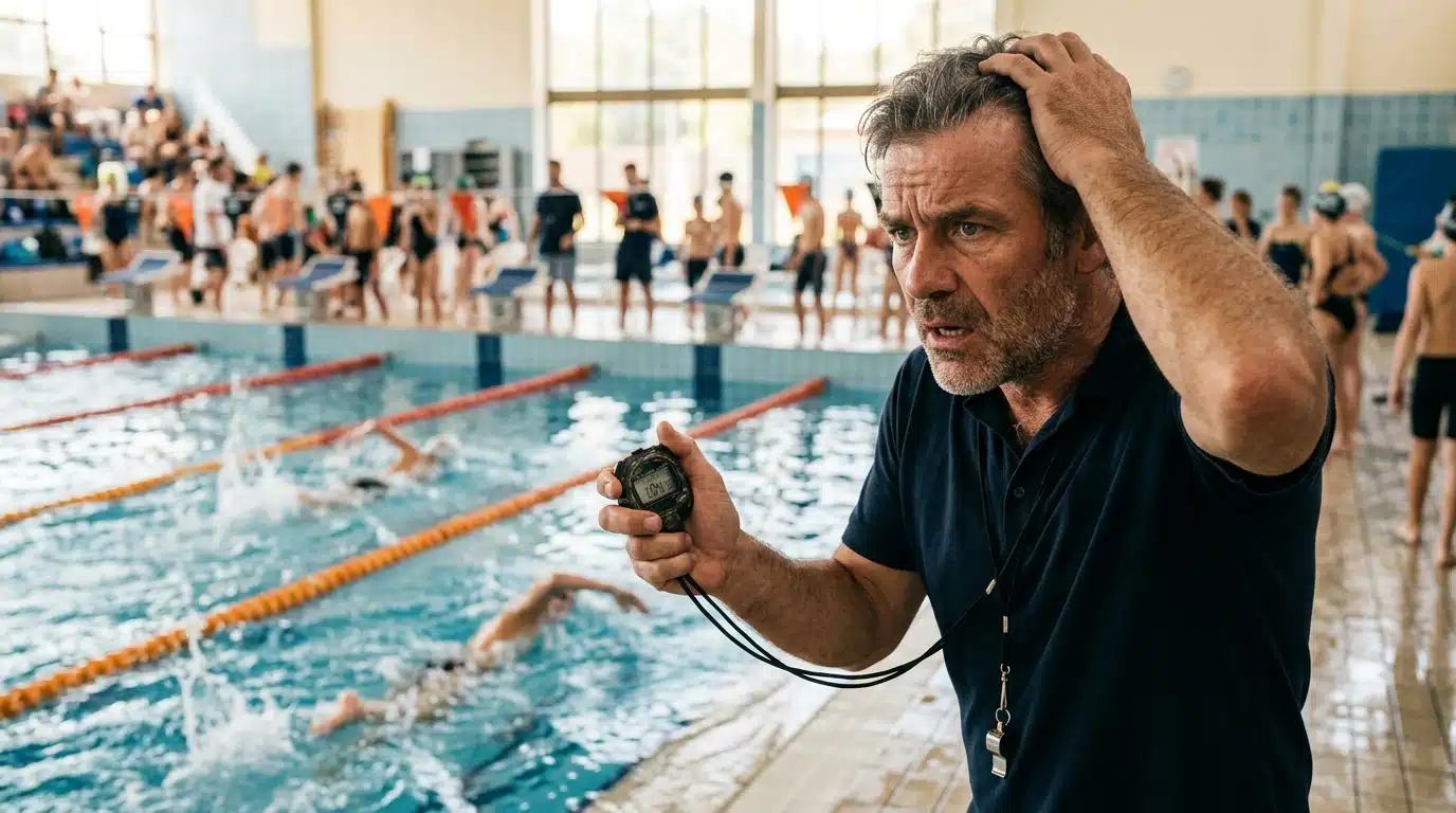 Entraîneur de natation perplexe, chronomètre en main au bord du bassin