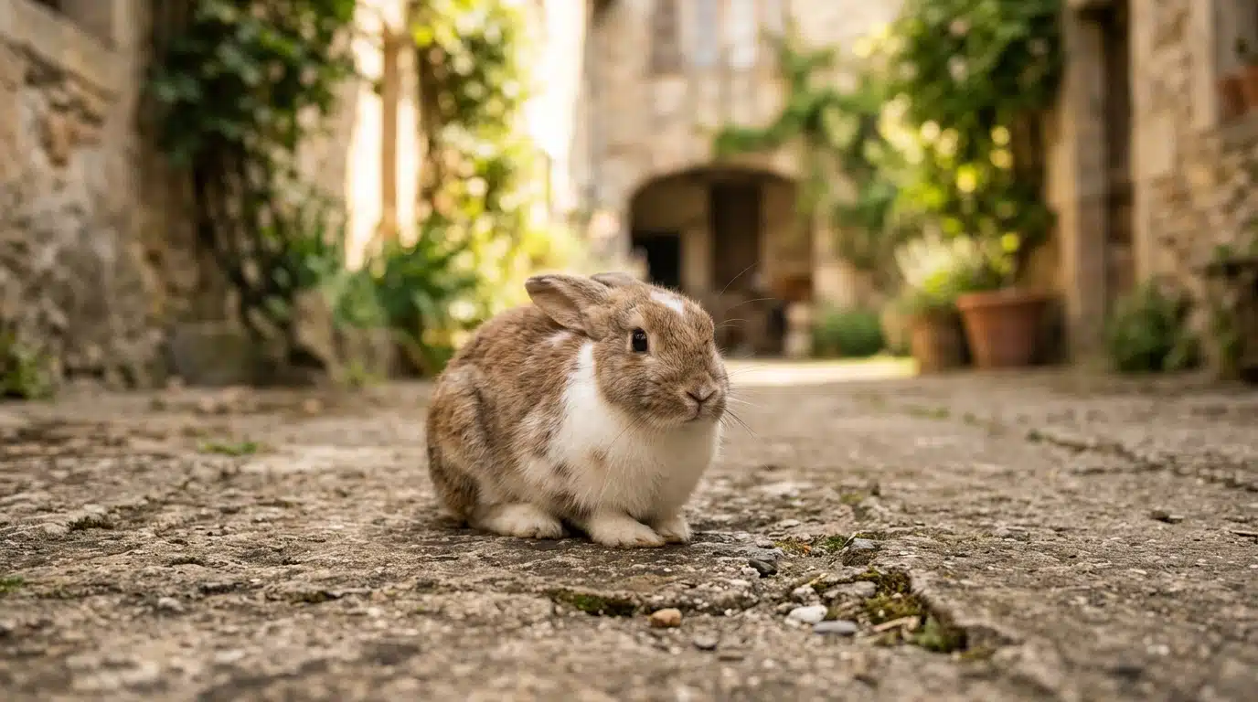 Petit lapin seul sur le sol d'une cour