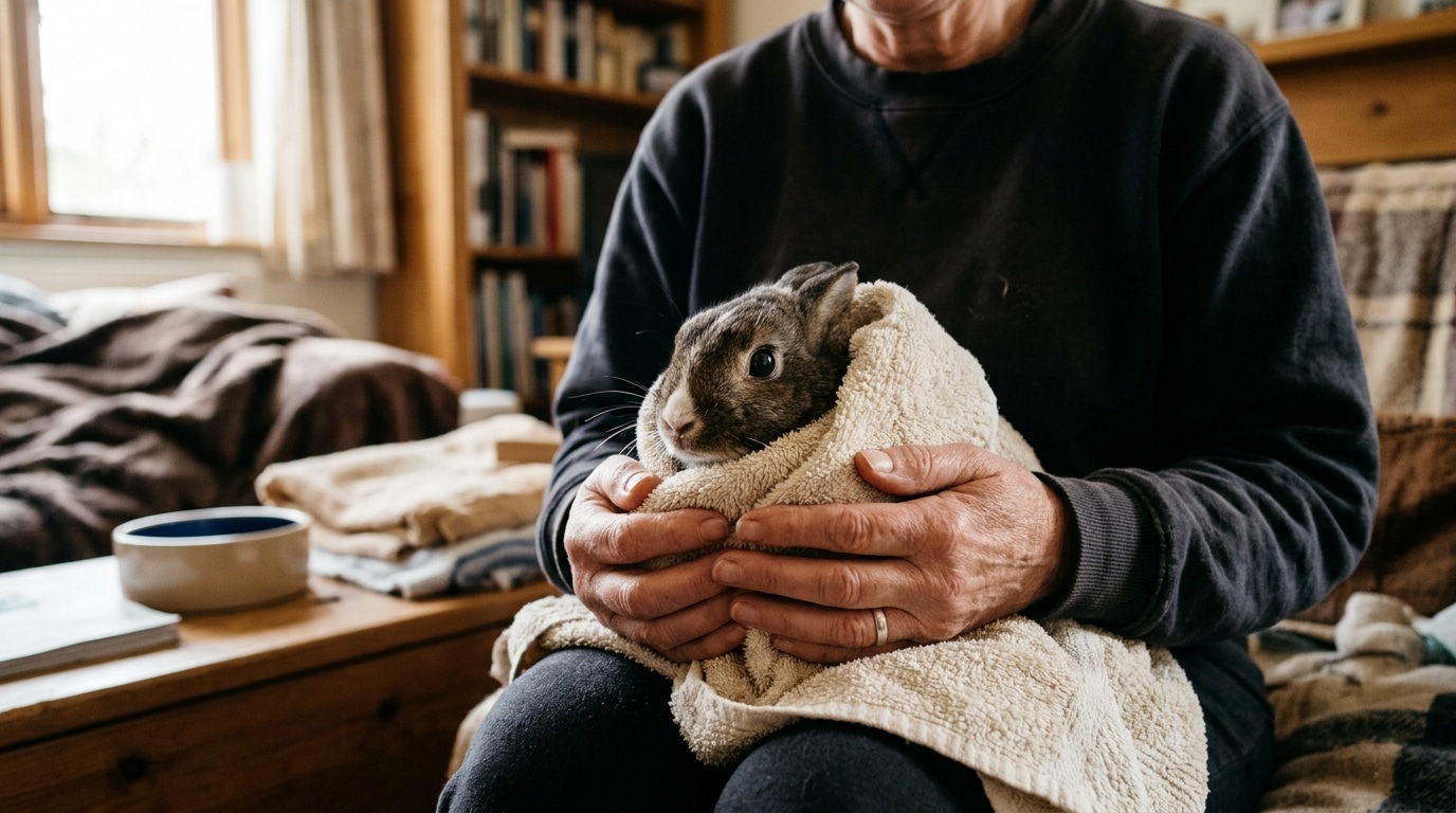 Mains de bénévole tenant un lapin dans une serviette