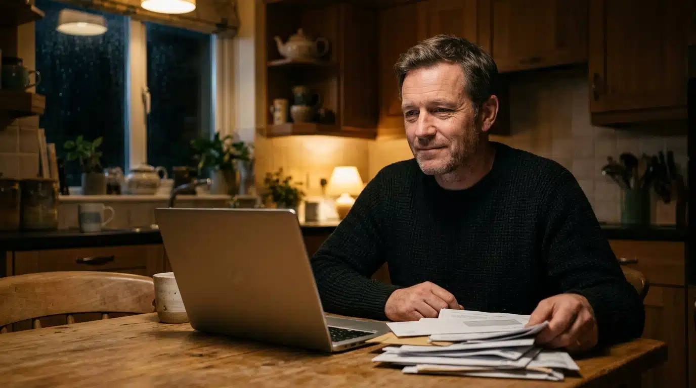 Homme concentré devant son ordinateur et une pile de courriers
