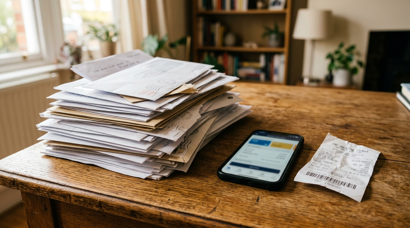 Pile de lettres et smartphone posés sur un bureau en bois