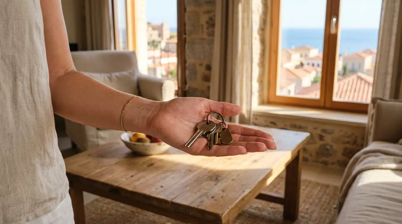 Clés de maison tendues dans un salon lumineux