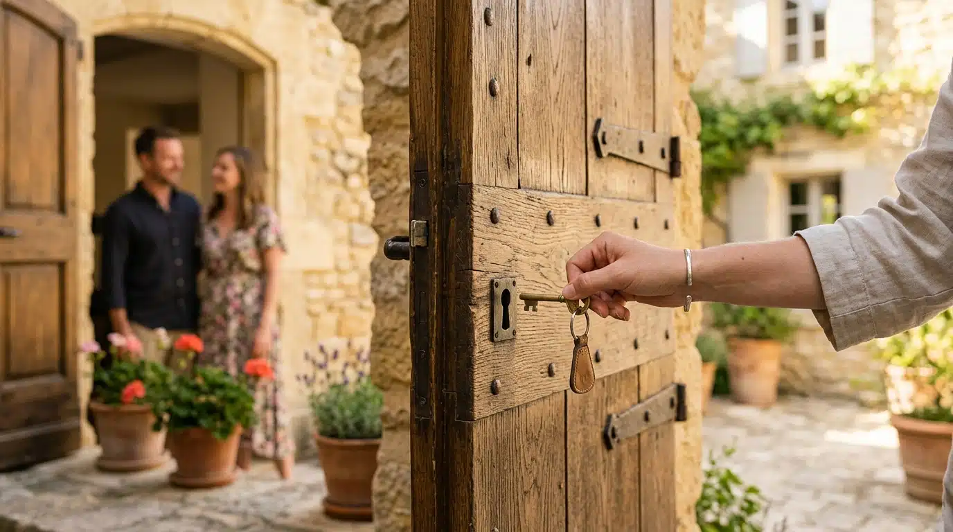 Main tenant une clé devant une porte de maison