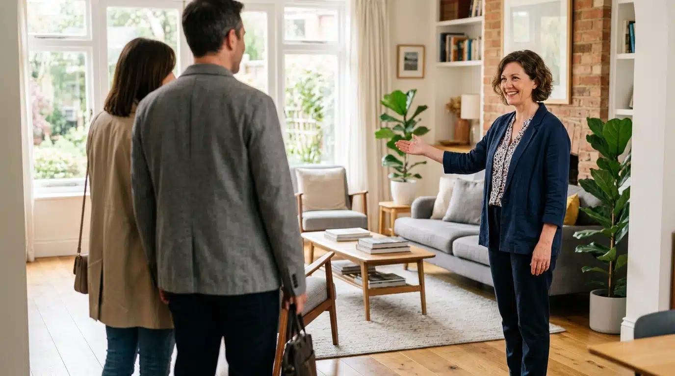 Propriétaire accueillant un couple pour une visite
