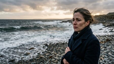 Femme au regard grave face à une mer agitée