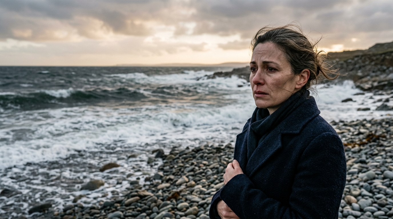 Femme au regard grave face à une mer agitée