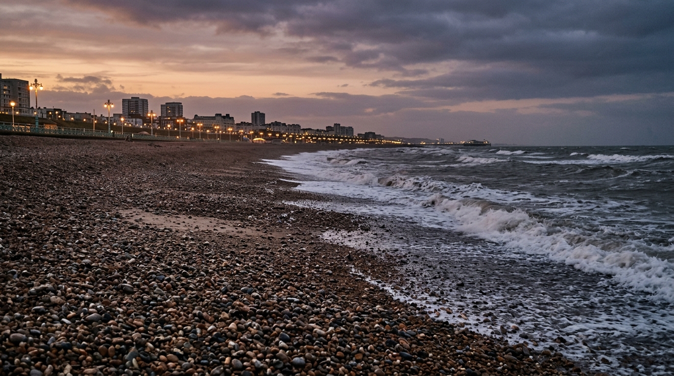 Plage de galets déserte au crépuscule, vagues agitées