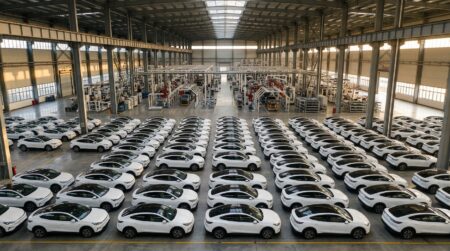 Usine automobile à l'arrêt, SUV électriques blancs en attente