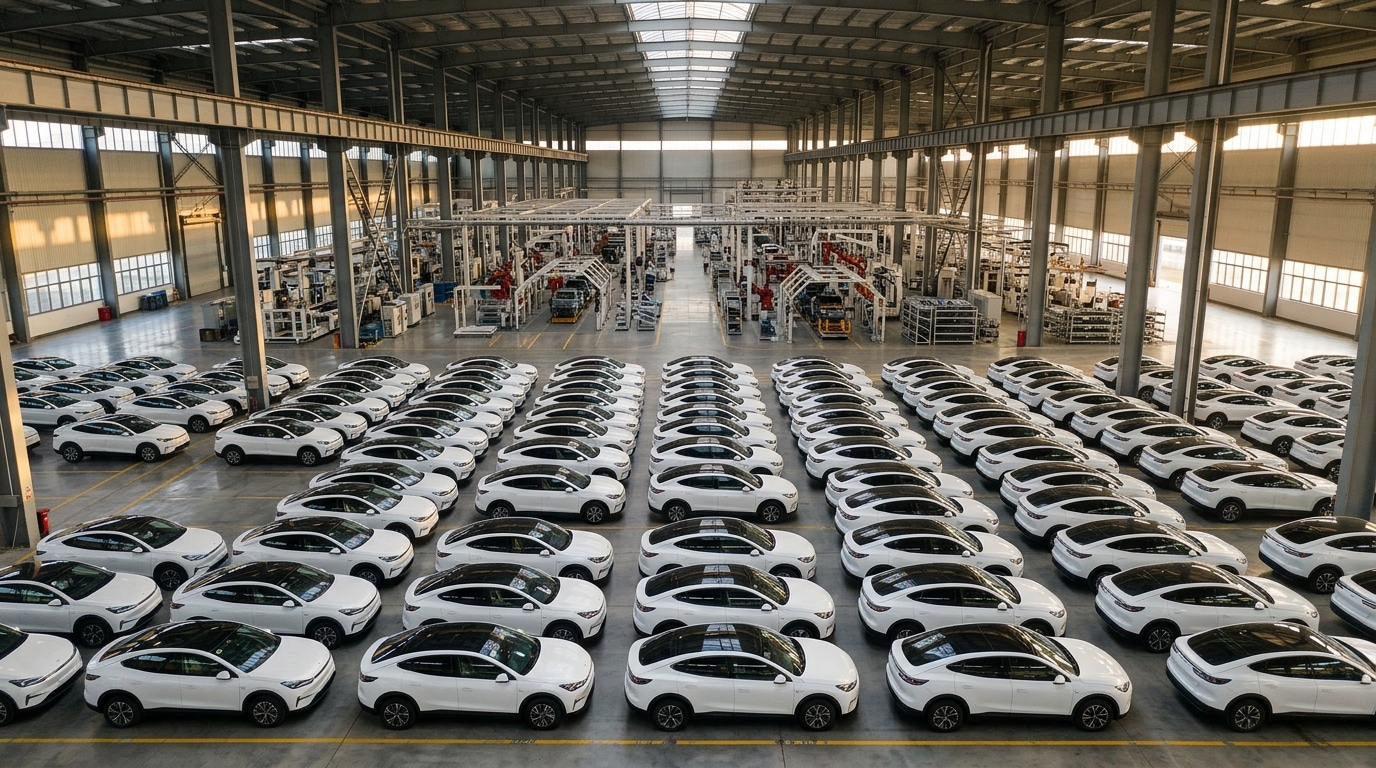 Usine automobile à l'arrêt, SUV électriques blancs en attente