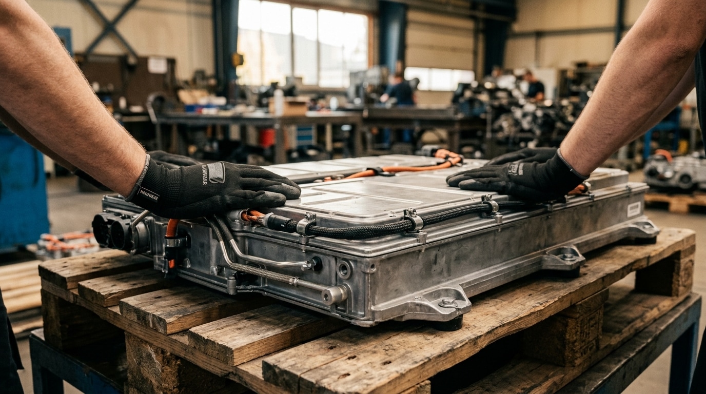Pack de batteries de voiture électrique sur palette d'atelier