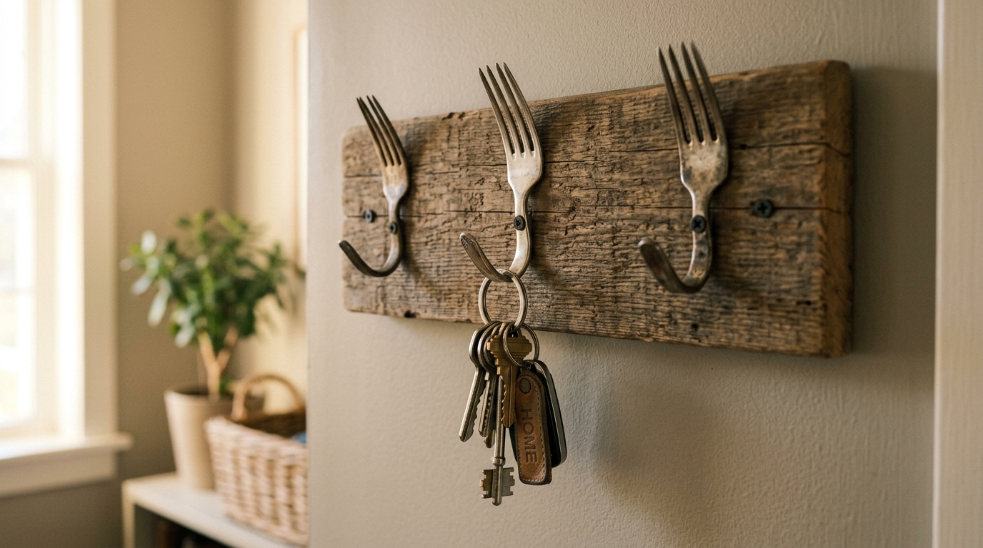 Patère en bois avec trois fourchettes recourbées et clés accrochées