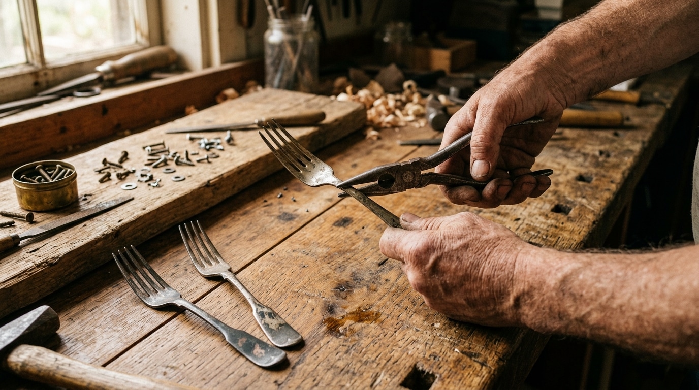 Mains tordant un manche de fourchette avec une pince