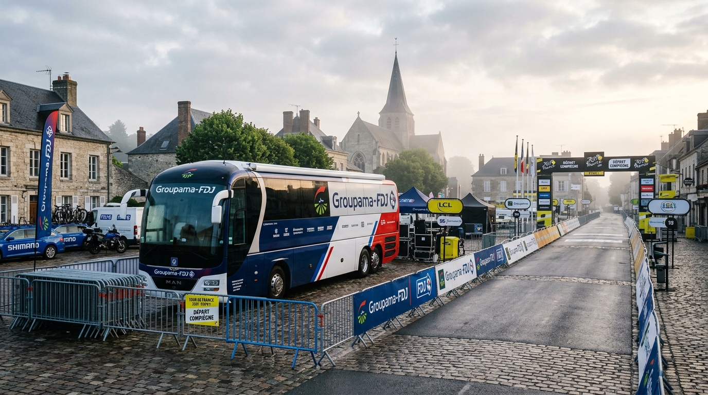 Le bus d'une équipe cycliste garé dans le village départ d'une course, symbole du monde du peloton où s'est jouée la polémique