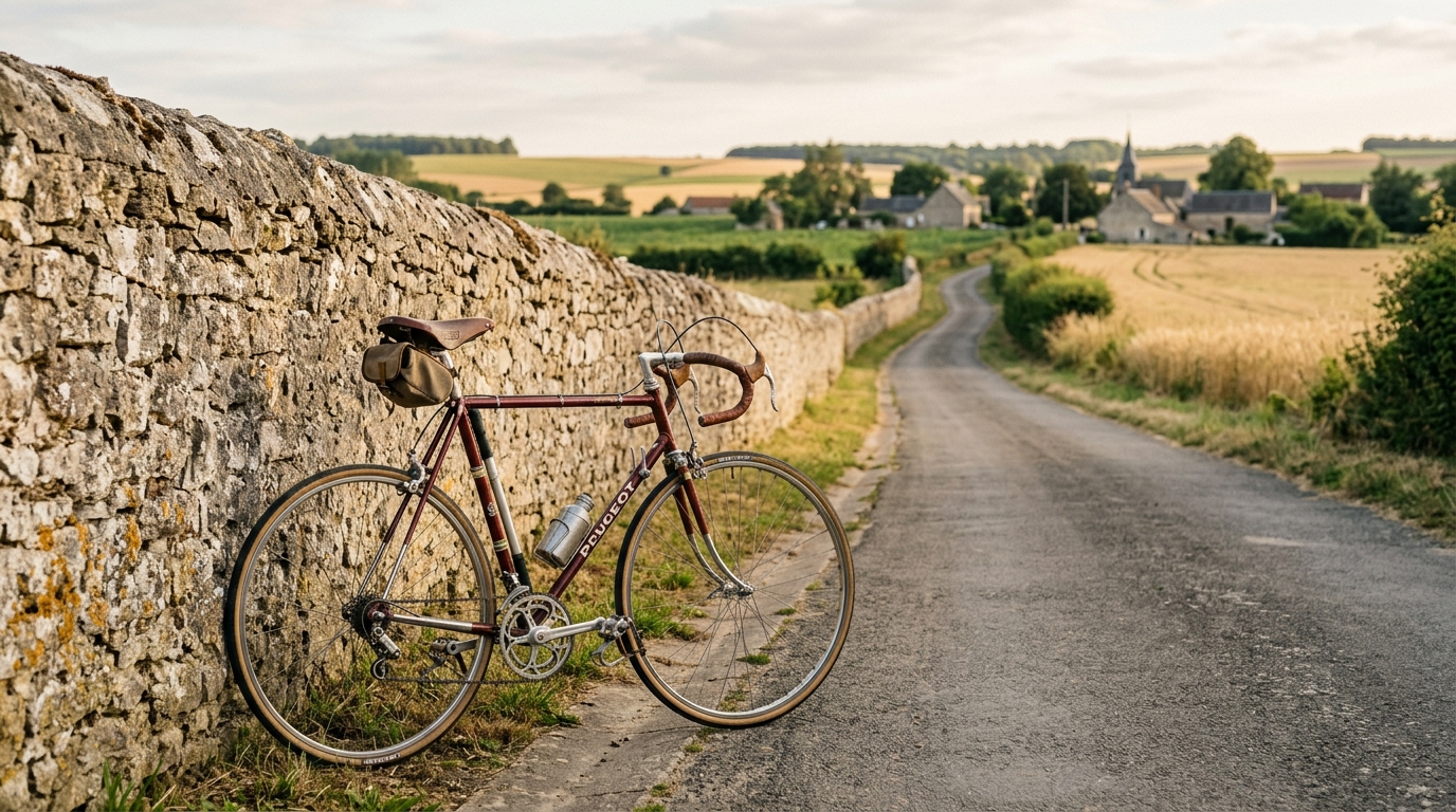 Un vélo de course appuyé contre un mur de pierre dans le Nord de la France, rappel des racines cyclistes de Marion Rousse