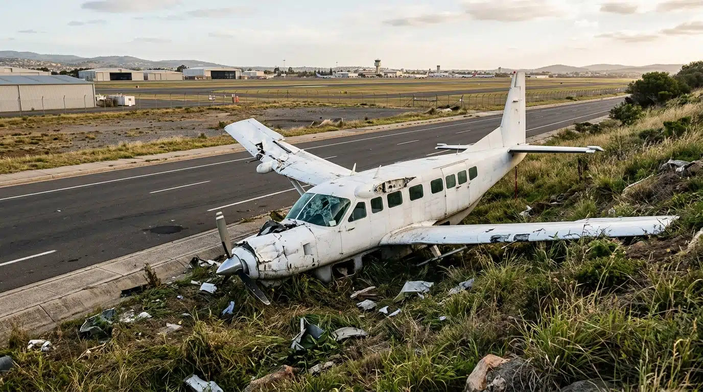 Petit avion cargo retourné au pied d'une pente herbeuse