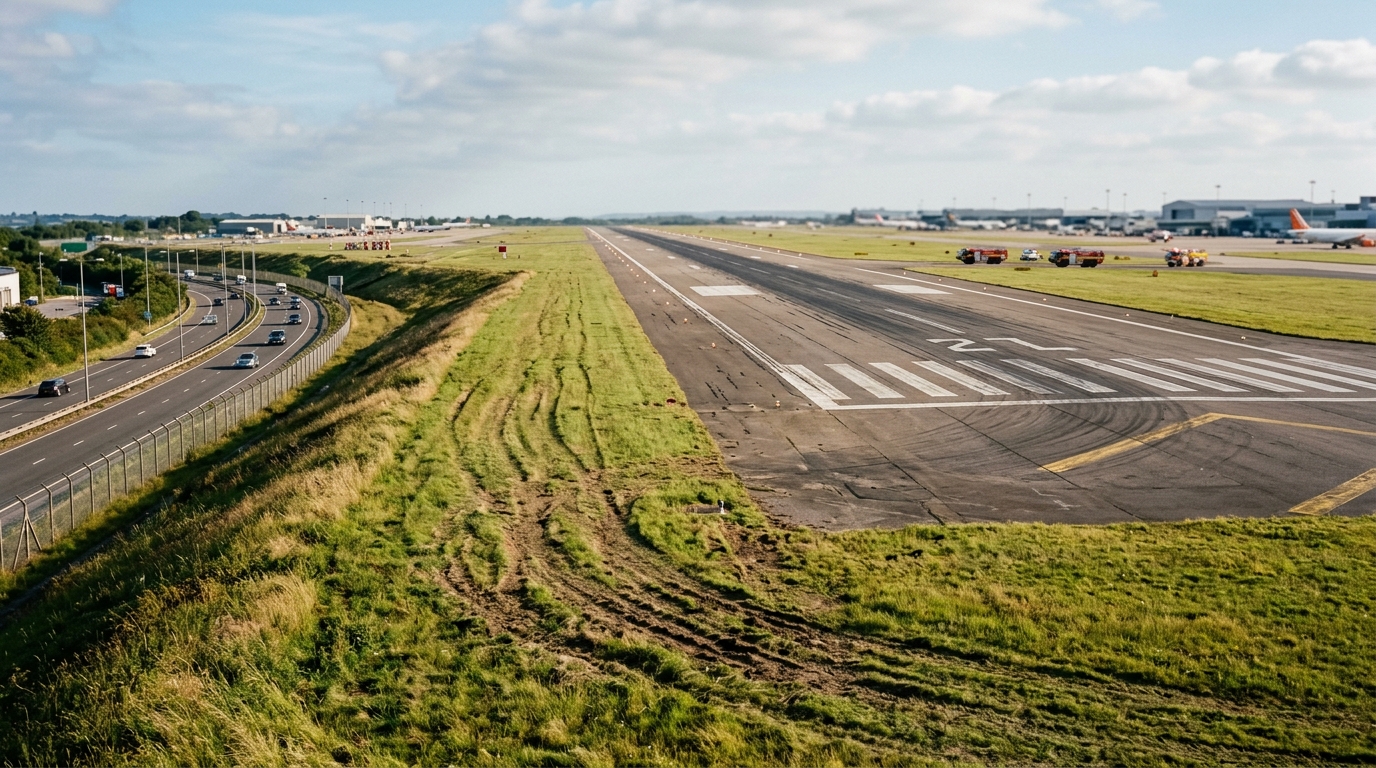 Bout de piste d'aéroport dominant une route en contrebas