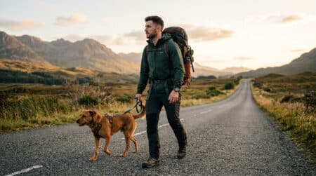 Randonneur et chien marchant ensemble sur une longue route