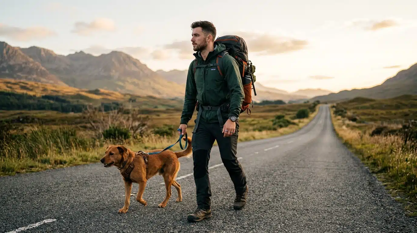 Randonneur et chien marchant ensemble sur une longue route