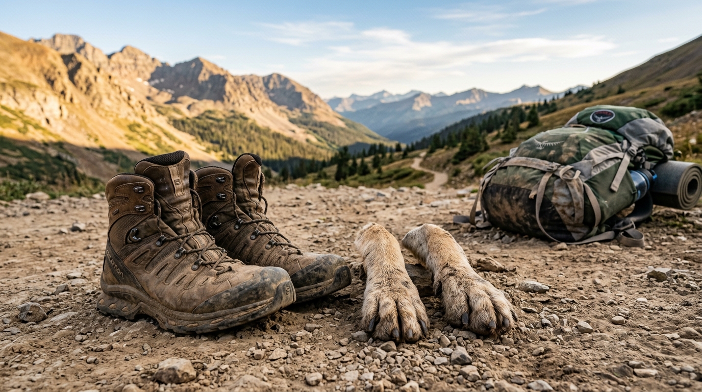 Chaussures de marche et pattes de chien sur un chemin poussiéreux