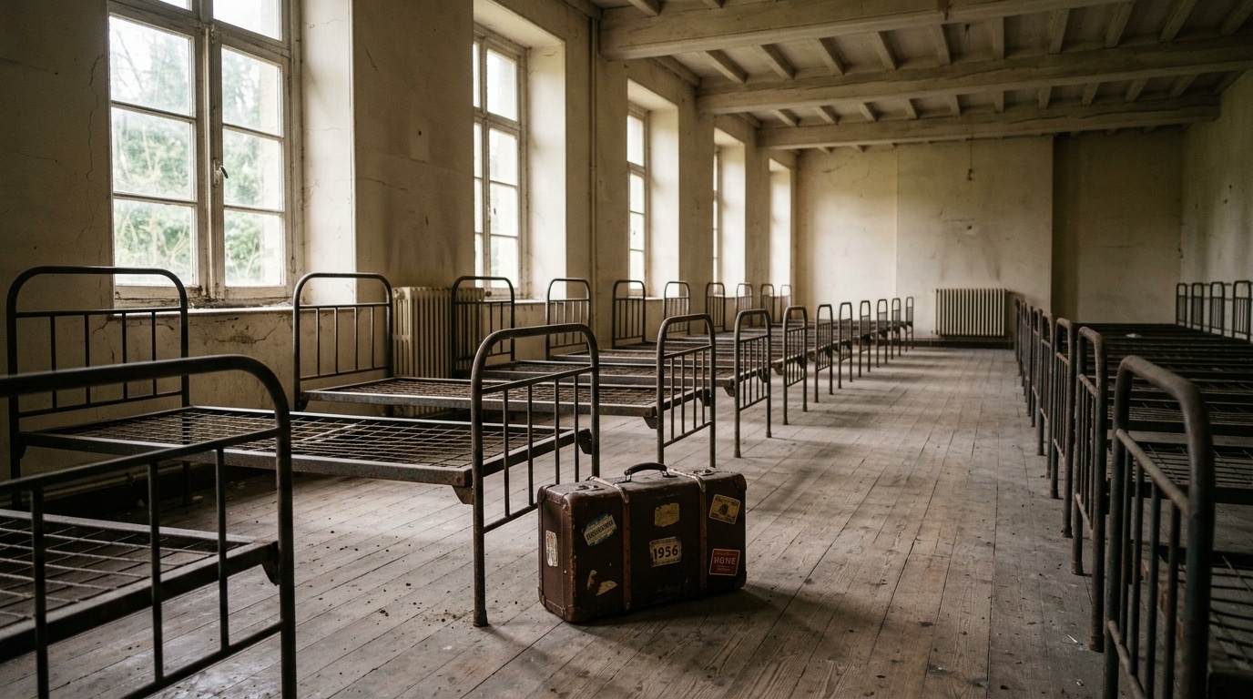 Dortoir vide de pensionnat avec petite valise d'enfant