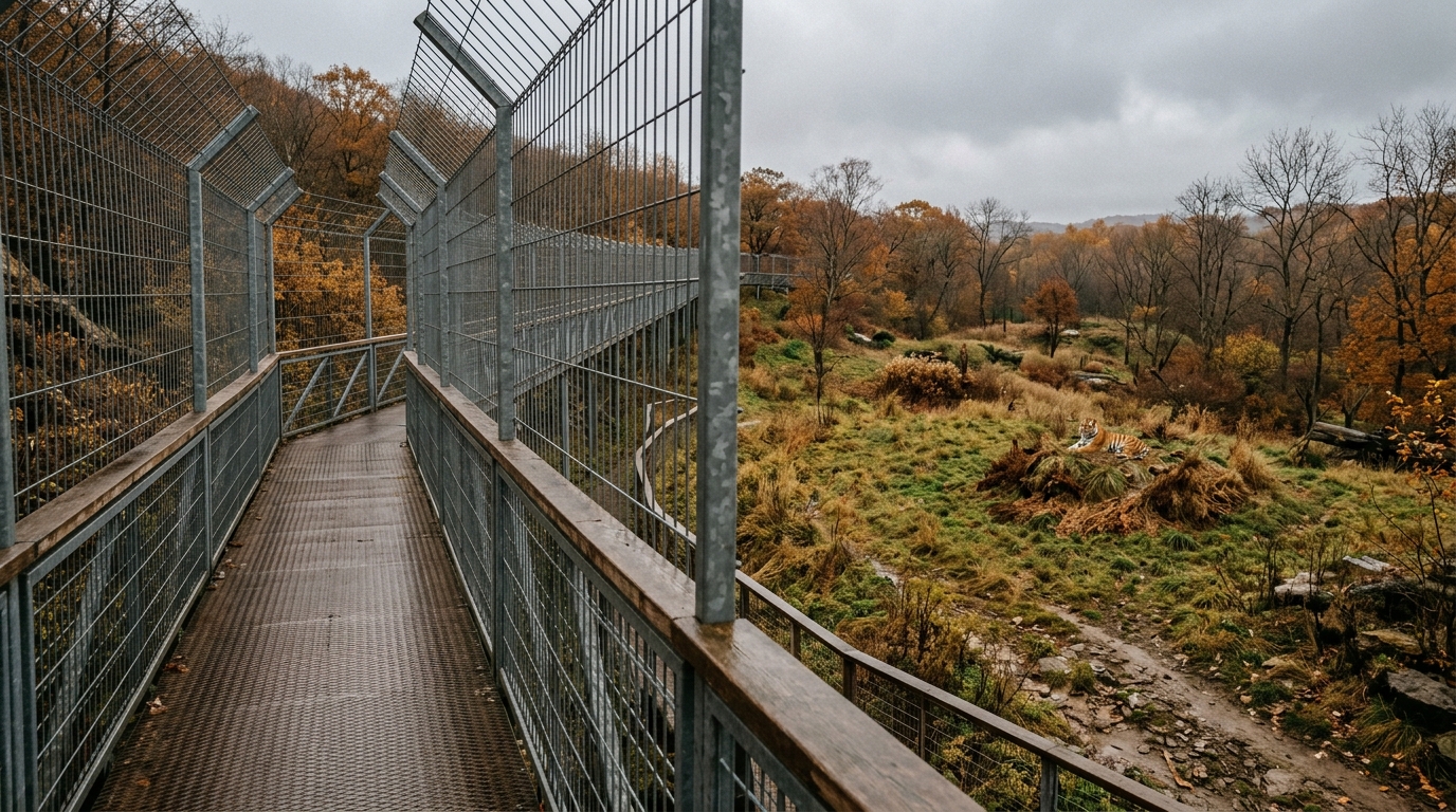 Passerelle surélevée et clôtures devant un enclos de tigres