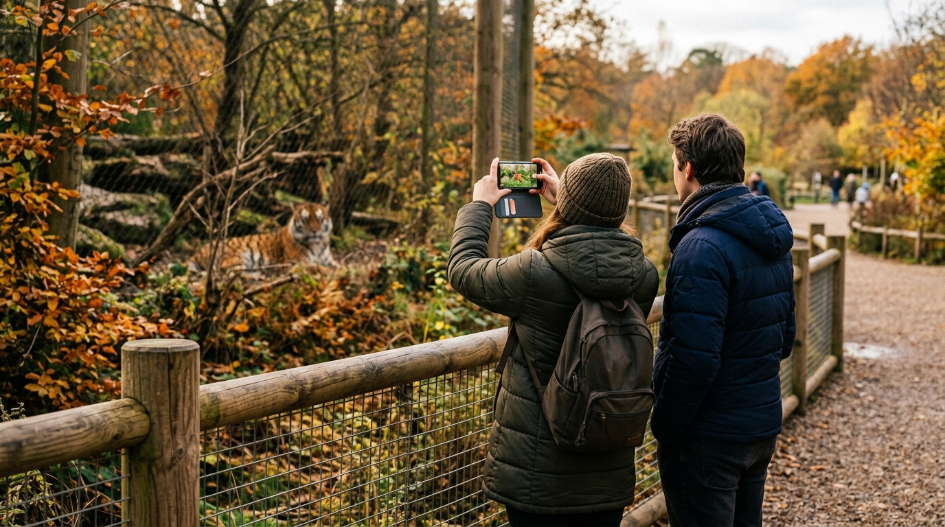 Deux visiteurs de dos photographiant un tigre au parc