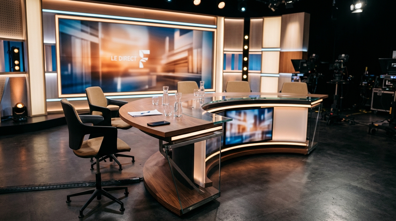 Plateau de télévision vide avec un smartphone posé sur le bureau